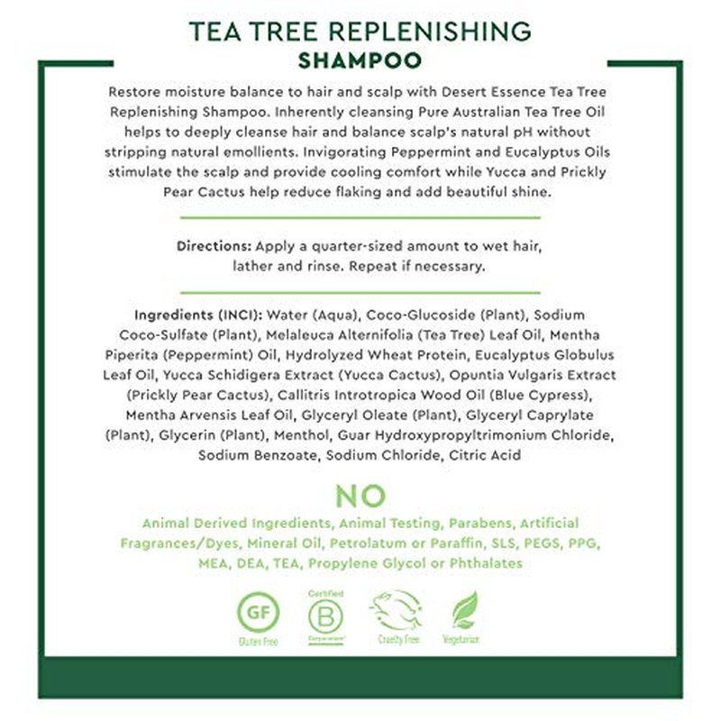 Desert Essence Tea Tree Oil Replenishing Shampoo, 12.7 fl oz, Gluten Free, Vegetarian, Non-GMO, Paraben Free - Moisture Replenishing Shampoo with Peppermint & Eucalyptus Oils to Deeply Cleanse Hair