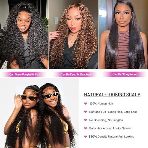 BVLBVL 20in Deep Wave Lace Front Wig Human Hair 13x6 HD Pre-Plucked 180% Density Natural Black