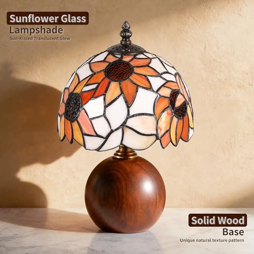 12.2" Retro Sunflower Tiffany Table Lamp with Orange Glass & Wooden Base
