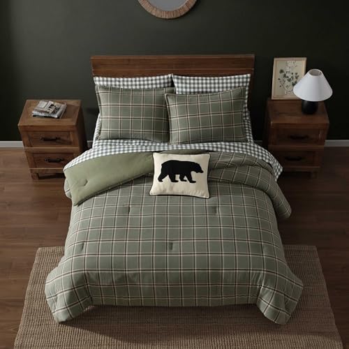 Queen Comforter Set with Shams - Alpine Plaid Green Flannel Bedding