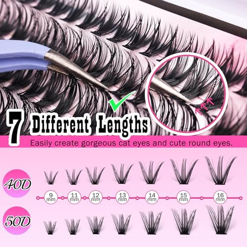 FANXITON DIY Individual Eyelash Extension Kit, Thick Volume Lash Clusters 40D+50D D Curvature, 280 Pieces Thin Band Cluster Lashes with Bond and Seal Tweezers