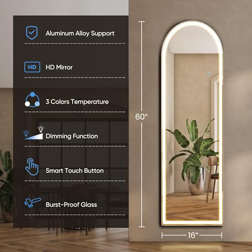 White LED Arched Full Length Mirror with Stand - 16x60 Inch