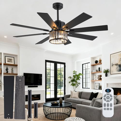 Farmhouse Crystal Ceiling Fan with Lights and Remote - Black 52 Inch with Dual Blades