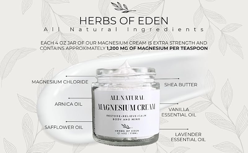 Herbs of Eden Organic Magnesium Cream | Extra Strength Nighttime Moisturizer for All Ages