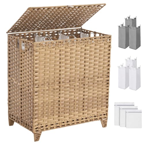 Laundry Hamper with Lid 190L Large 3-Section Rattan Laundry Basket - Natural