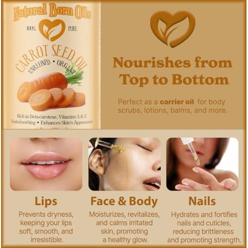 Natural Born Oils Carrot Seed Oil, 2oz, Organic, Cold-Pressed, Rich in Vitamins A & E, Ideal for Skin Rejuvenation, Hair Luster