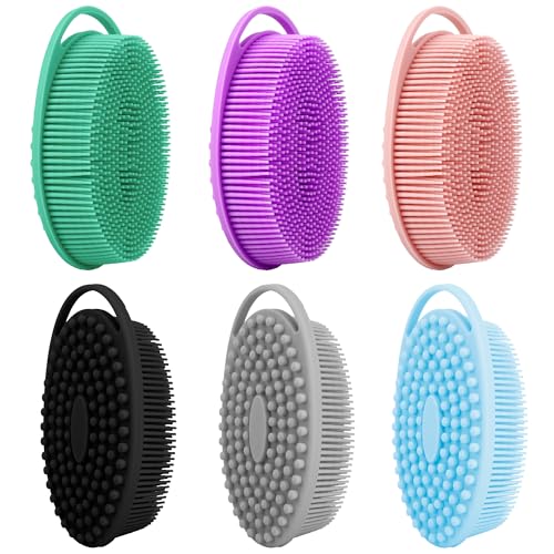 6-Pack Silicone Body Scrubber Loofah Set for Sensitive Skin - Black Pink Blue Green Purple Grey