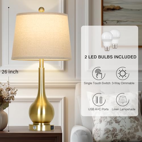 Rinweey 26-inch Gold Set of 2 Touch Control Bedside Lamps with USB Ports - Dimmable Nightstand Lamps for Living Room & Bedroom