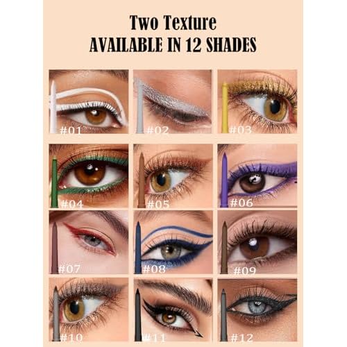 Shimmer Black Gel Glitter Eyeliner Pencil, Metallic Waterproof Smudge-Proof Creamy Retractable Smooth Eye Liner pencil, Hypoallergenic Long Lasting Eyeliner Brightener Pen Eye Makeup Gift for Women#12