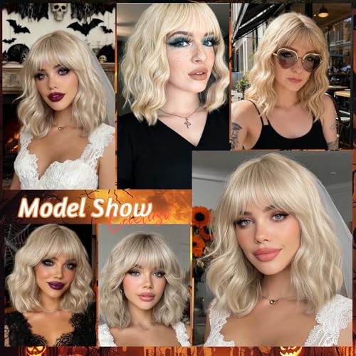 Blonde Short Bob Wig with Bangs - 14 Inch Curly Wavy Synthetic Cosplay Wig for Women