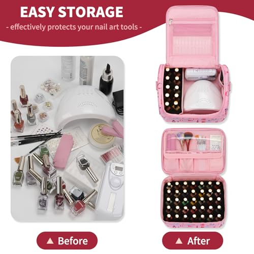 Nail Polish Organizer Case - Holds 45-90 Bottles & UV Nail Lamp, Nail Tech Organizers And Storage Bag for Nail Supplies & Manicure Kit & Pedicure Tools, Nail Technician Case (Cartoon Pink, 45 Slots)