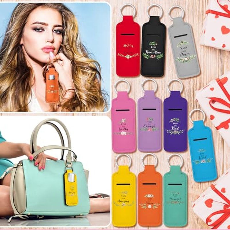 Ctosree 40 Pcs Lipstick Holder Keychain Gifts Bulk Inspirational Theme Thank You Lip Balm Holder with Portable Clip on Lip Gloss Sleeve Pouch Pocket for Employee(Multicolor)
