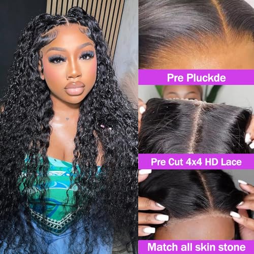 Espive 24 Inch Deep Wave Human Hair Wigs for Black Women 180% Density Glueless Lace Closure Short Curly Bob