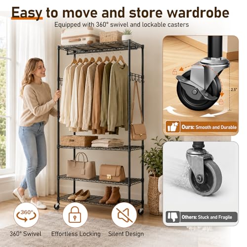 Black Rolling Clothes Rack with 4 Adjustable Shelves - Heavy Duty Portable Closet Organizer