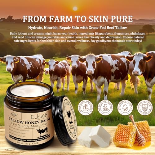 ELBBUB Whipped Tallow Face & Body Moisturizer 4.2 Fl Oz Pack of 2 - Natural Honey & Beeswax, Unscented, Fast Absorption