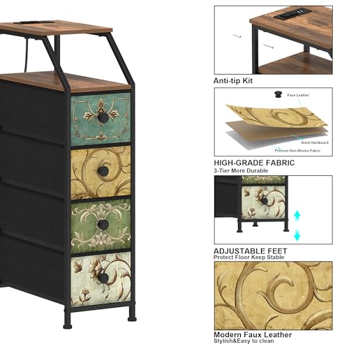 Retro Flower Narrow Vertical Dresser with Charging Station, 4 Drawers - Slim Storage Tower for Bedroom, Bathroom, Small Spaces