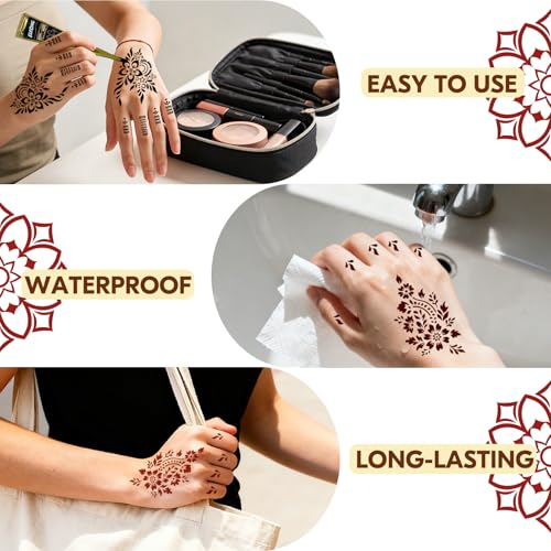 136 Pieces Henna Tattoo Stencil Kit, Temporary Tattoos Stencils Kit with 6 Pcs (Brown/Black/Red) Ink, DIY Face Body Art Painting Kit for Festivals Wedding Party