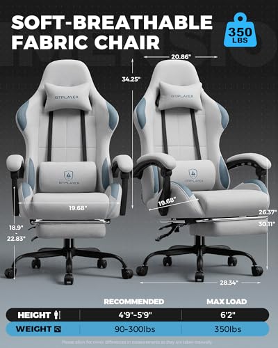 GTPLAYER Light Gray Fabric Gaming Chair with Pocket Spring Cushion, Ergonomic Office & Gaming Chair with Lumbar Support, Height Adjustable, Footrest & Linkage Armrests