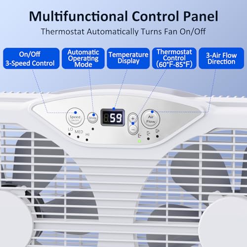 Shinic Twin Window Fan with Reversible Airflow, Thermostat & 3 Speeds