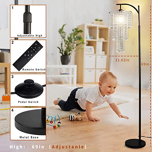 ZECOXOL Crystal Arc Floor Lamp with Remote Control - Dimmable Tall Standing Light with 10 Color Temperatures, 3-Tier Shade, Height Adjustable, Black, Model 11 - Clear / Crystal