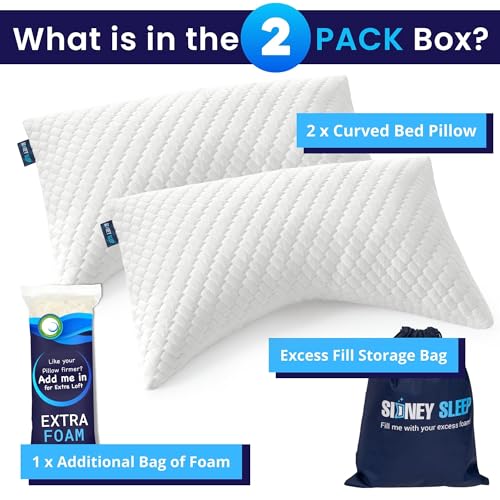 Queen Size Adjustable Memory Foam Bed Pillows Set of 2 - White - Sidney Sleep