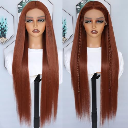 30 Inch Reddish Orange Lace Front Wig for Black Women - Long Straight, Pre Plucked, Glueless, Heat Resistant Synthetic Hair, Natural Hairline - Variation #AReddish Orange