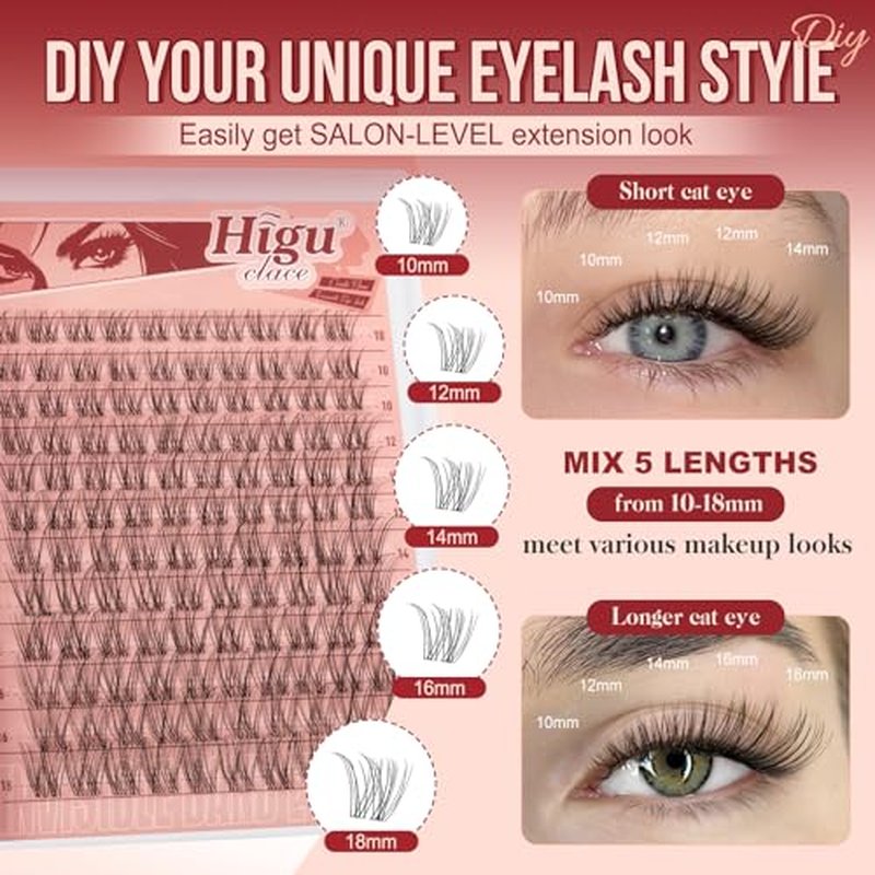 Higu clace Wispy Lash Clusters Kit, 120PCS Natural Lashes Clusters Kit with Lash Bond and Seal, C Curl Wispy Cluster Eyelash Extensions Natural Look with Clear Band Comfort Easy to use for Beginners