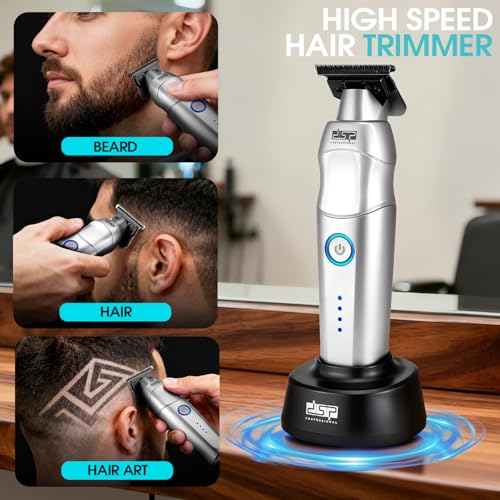 DSP Professional Hair Trimmer for Men, Beard Mustache Cordless Trimmer, Indicator Light with Charge Base, Zinc Alloy Body, Low Noise, Zero Gapped Edgers Trimmer (Silver)