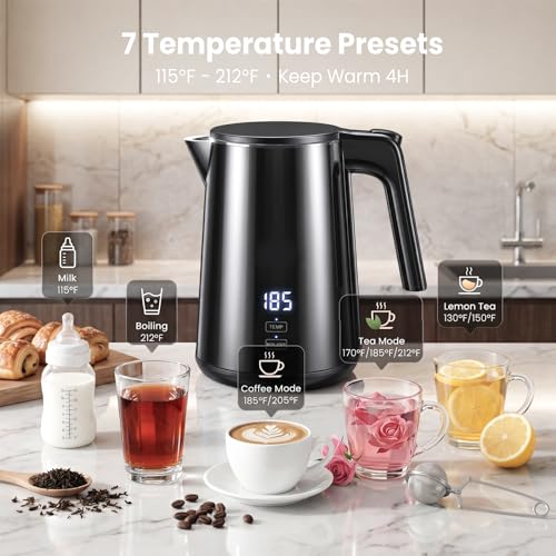 YPJKR Electric Kettle 1.0L, 1200W, 7 Temp Settings, Black – Keep Warm 4H