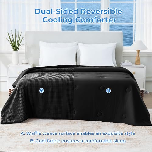 Bedsmile Black King Waffle Weave Ice Blanket, 108 x 90 in – Reversible Cooling Comforter, Q-Max >0.45