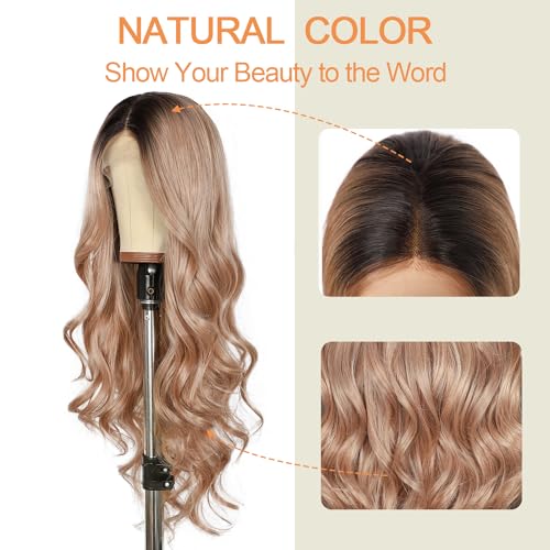Pink Lace Front Wig for Women - Long Body Wave Ombre Khaki Pink, 26 Inches, Glueless Synthetic Hair