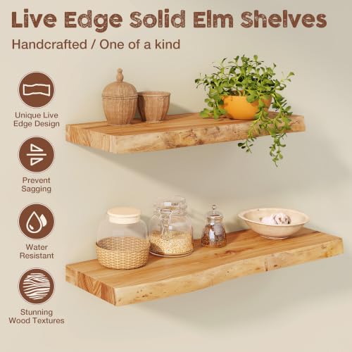 Fuqing Live Edge Floating Shelves Set - Natural Elm Wood, 8 Inch Depth, 20 Inch Length, 2 Pack