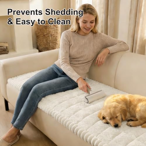 Beige Non-Slip Fuzzy Couch Cover for Dogs - 27.6x82.7 Inches