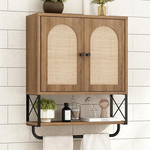 Rustown Rattan Bathroom Wall Cabinet - Natural Oak, Medium Size Over Toilet Storage