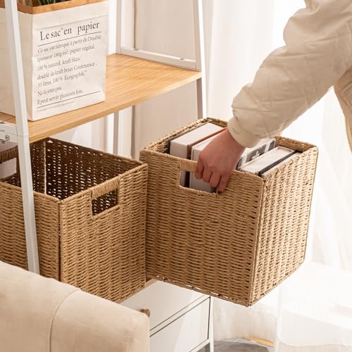 Set of 4 Foldable Hand Woven Storage Baskets with Handles - 13x13x13 Inches, Natural