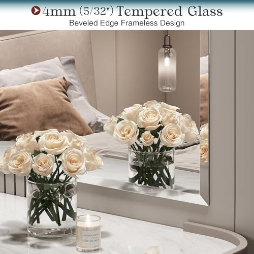 36x30 Inch Frameless Beveled Wall Mirror - Tempered Bathroom Vanity Mirror