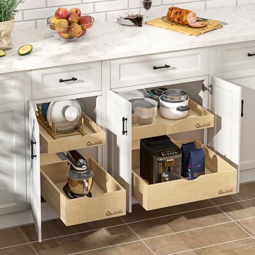 Natural Birch Wood Pull Out Drawer for Kitchen Cabinets 20''W x 21''D - Heavy-Duty Space-Saving Organizer