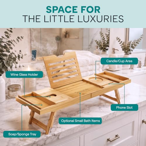 Bamboo Bath Caddy Tray for Tub & Bed with Adjustable Arms, Waterproof, Wine & Soap Holder