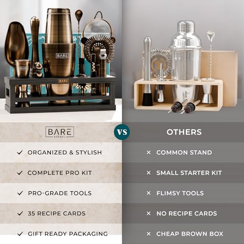 Mixology Bartender Kit Bar Set with Brass/Black 28oz Boston Shaker - Includes 16 Tools & Recipe Cards