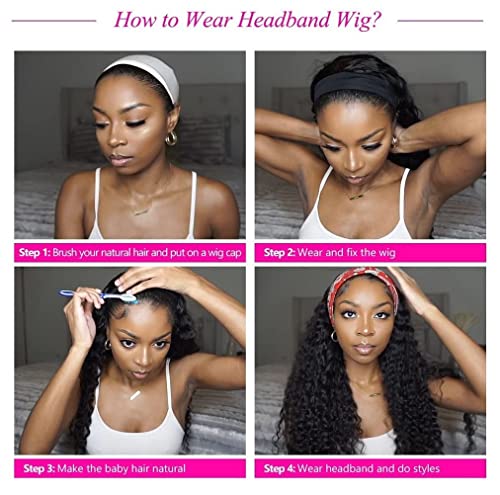 Natural Black Deep Wave Headband Wig 20 Inch Glueless Brazilian Human Hair