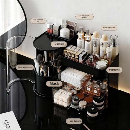 Makeup Organizer with Rotating,Large Bathroom Countertop Cosmetic Organizer with Brushes Holder,Skincare Storage Organizer,Ideal makeup holder for Skincare,Lipstick,etc (Light Luxury Black)
