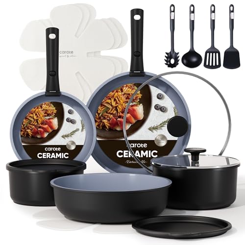 Ceramic Cookware Set with Detachable Handles - 19 Pieces, Non-Stick, Black/Gray