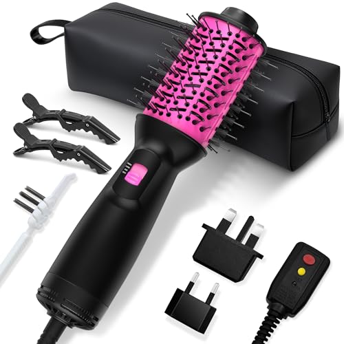Dual Voltage Travel Hair Dryer Brush (100V-240V), 2 Inch Blow Dryer Brush, One Step Hot Air Brush with EU&UK Plug and Negative Ion Anti-frizz Styling Brush (9.8'')