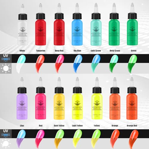 Fluorescent Tattoo Ink Set - 14 Colors UV Glow Pigment Kit - 1 fl oz (30ml) - Professional & Beginner
