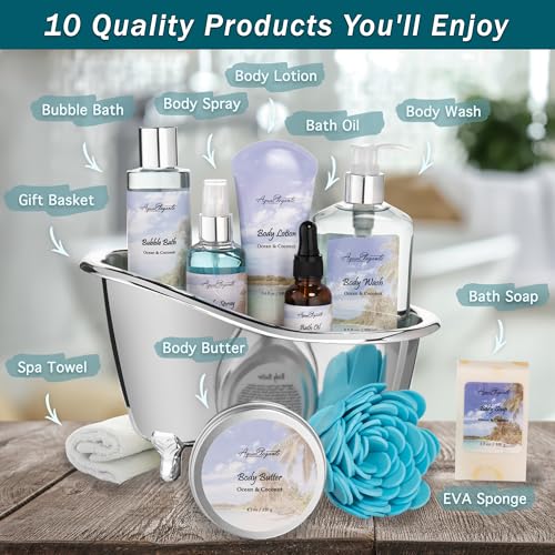 Spa Gift Basket for Women - Ocean Breeze & Coconut Scented Bath Set with Towel & Accessories - Variation Ocean Breeze + Coconut
