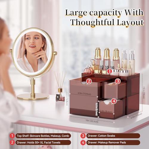 Youdepot Acrylic Face Towel Holder with Drawer ? 4-Layer Disposable Face Towel Holder Organizer Box ? Bathroom Countertop Storage for Cotton Pads, Swabs, and Skincare(Amber)