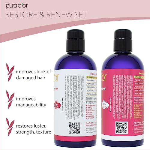 PURA D'OR Restore & Renew Shampoo and Conditioner Set for Strong, Healthy, and Nourished Hair with Organic Aloe Vera, Rosemary, Sea Buckthorn, Cacay, Coconut, Seaberry & Cedarwood
