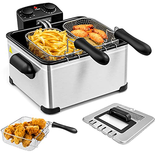 SIMOE 5.3QT Deep Fryer with Basket - 5L Silver, Adjustable Temperature