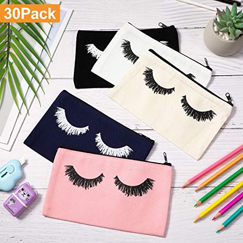 Weewooday 30 Pieces Eyelash Makeup Bags Canvas Makeup Bags Eyelash Cosmetic Bags Travel Make up Pouches with Zipper for Women, 5 Colors (7.1 x 4.3 Inch)