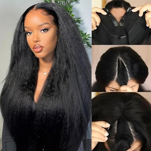 20 Inch Natural Color V Part Human Hair Wig for Black Women, Kinky Straight, Glueless Half Wigs